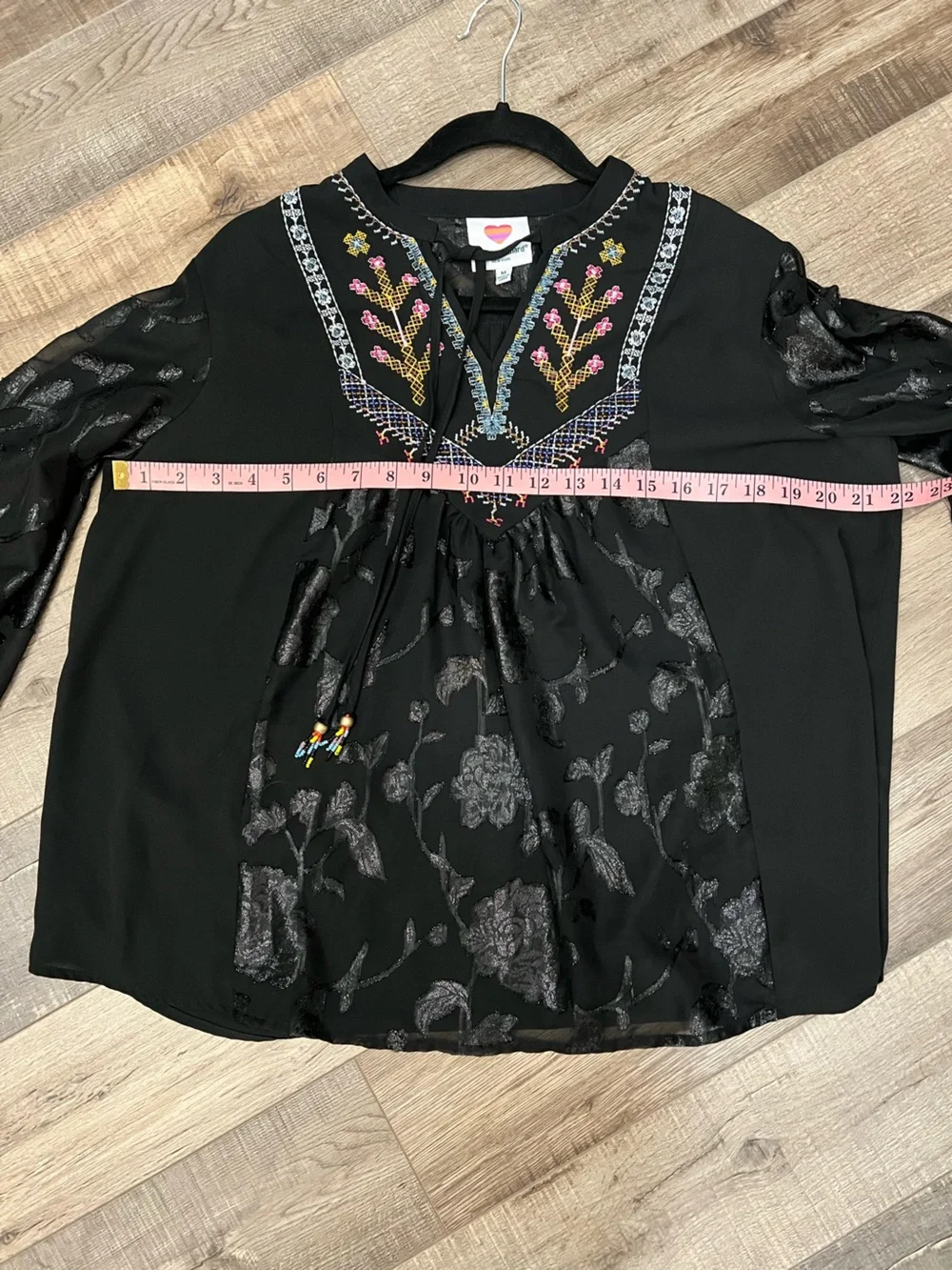 Black Embroidered Peasant Blouse with Beaded Tie and sheer jacquard sleeves M